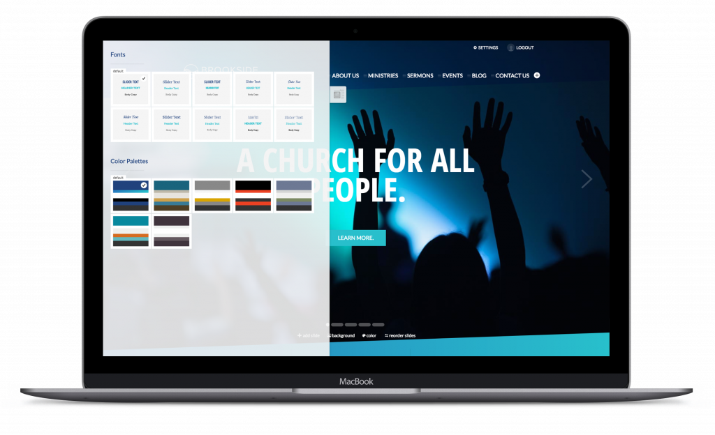 a church for all website on laptop with color palette