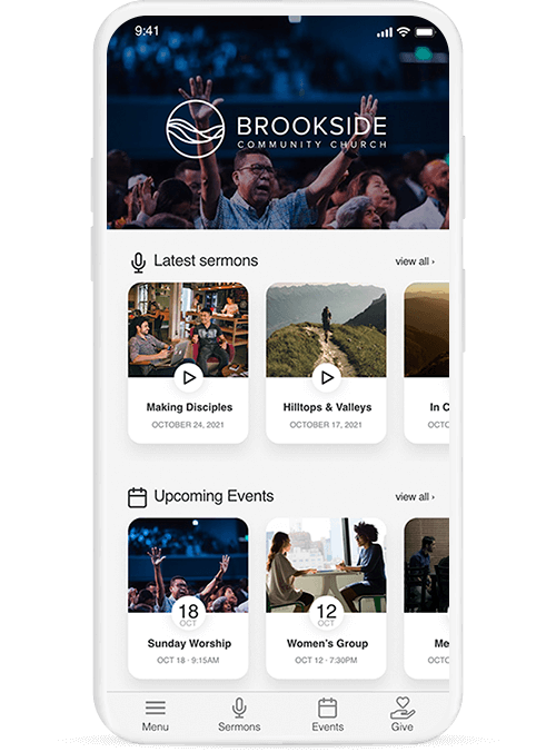 Mobile app displaying latest sermons and upcoming events