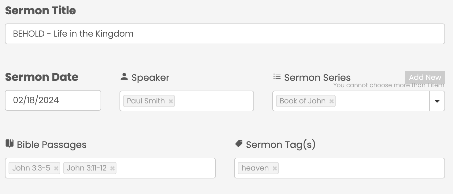 Tagging options for a sermon website post