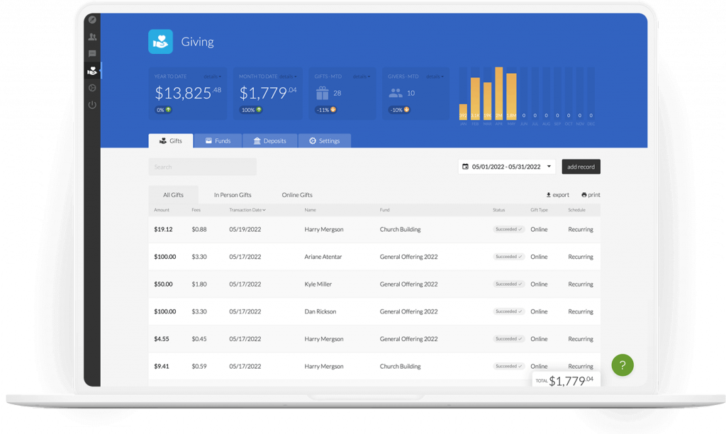 ChurchSpring's Giving Platform dashboard