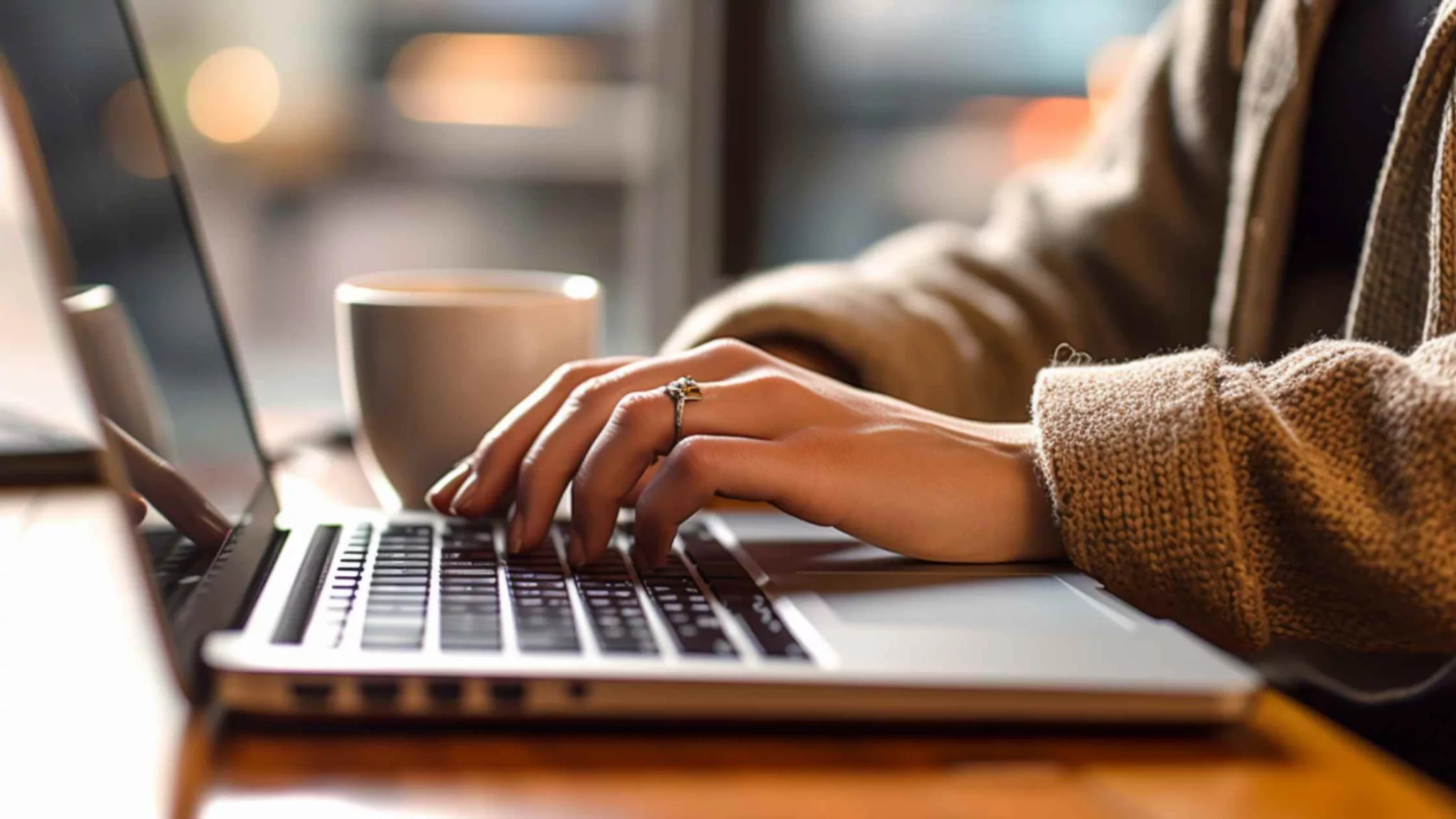 close up typing on laptop with coffee