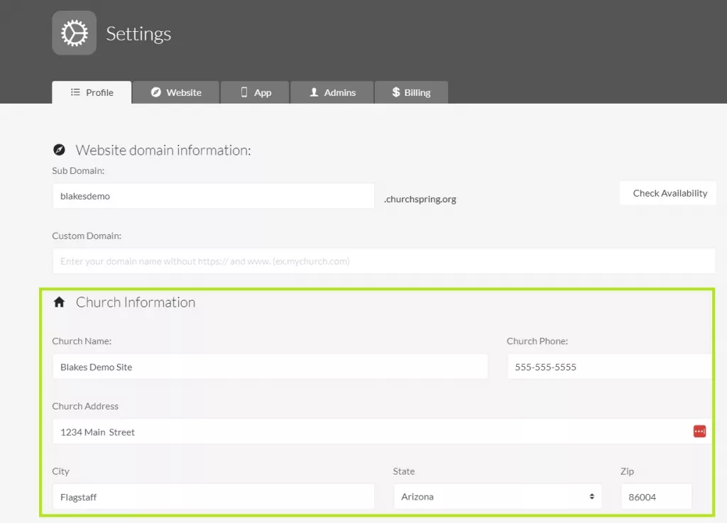 ChurchSpring website settings