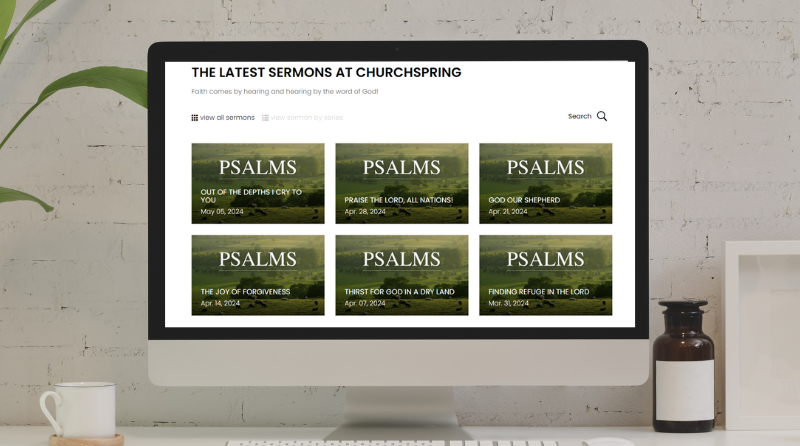 Church website sermon series displayed on a desktop computer