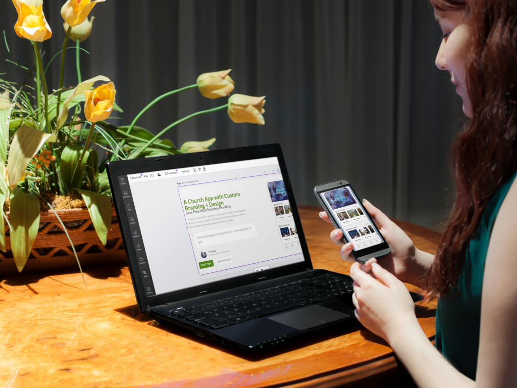 Woman editing on canva with churchspring group app