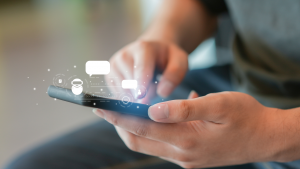 man hand use smartphone to contact provider and talk with ai chatbot