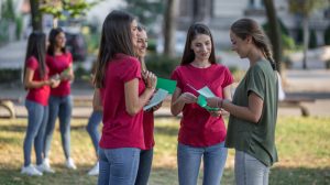 women sharing flyers