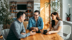 Three people talking and having coffee.