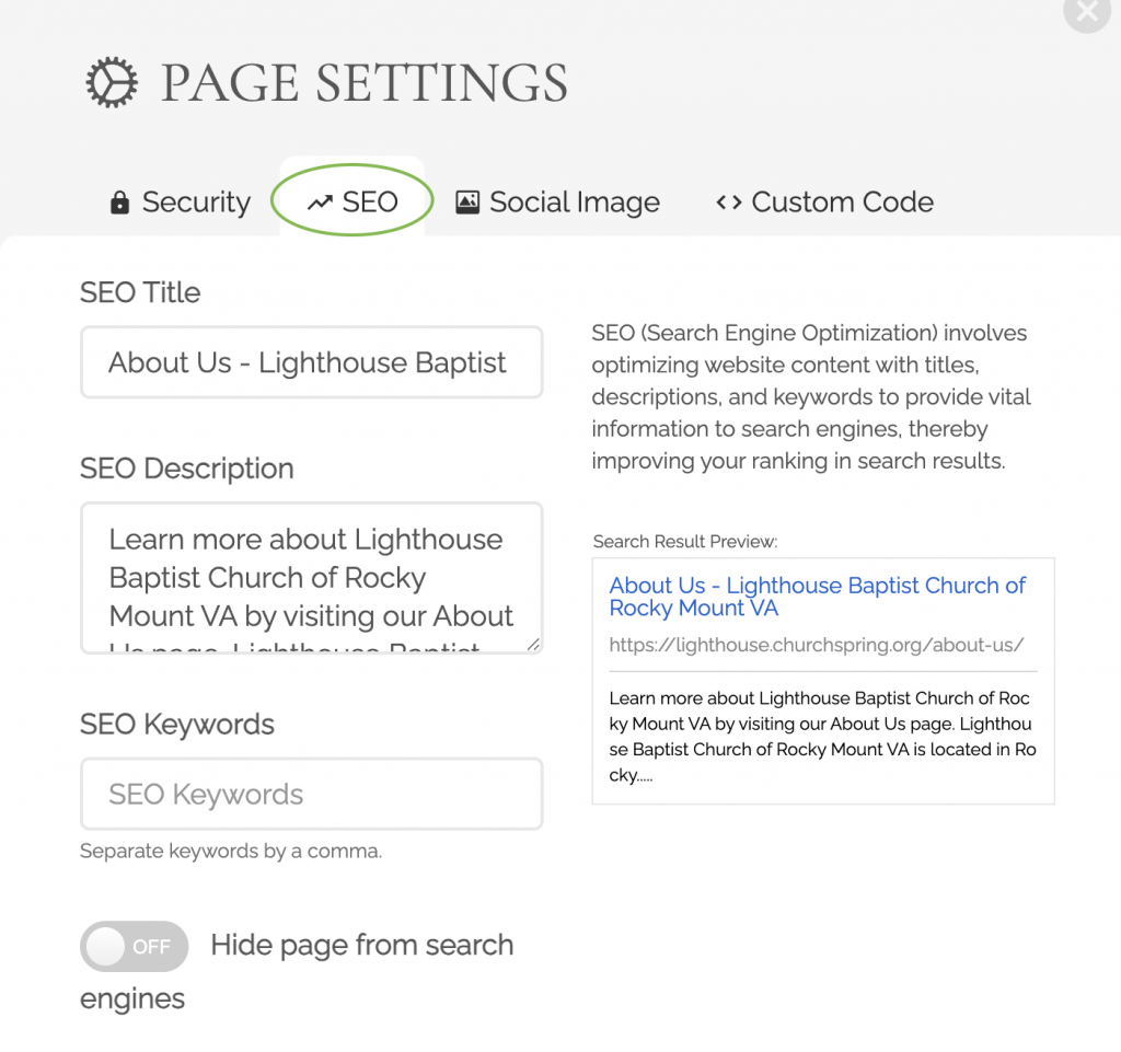 Example of ChurchSpring's SEO Website Page Settings